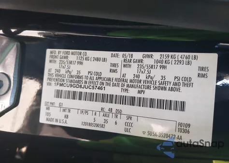 2018 Ford Escape Se из США, поврежденный, VIN 1FMCU9GD8JUC57461